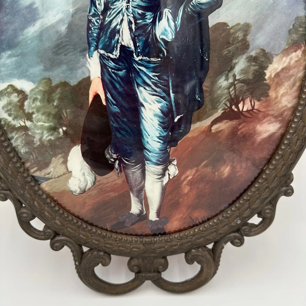 Vtg Italian Blue Boy & Pinkie Bubble Glass Ornate Metal Wall Plaques Pair 17.5